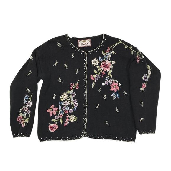 TIARA Vintage 90s Embroidered Knit Cardigan Women L Black Retro Unique Old Money - Picture 2 of 10